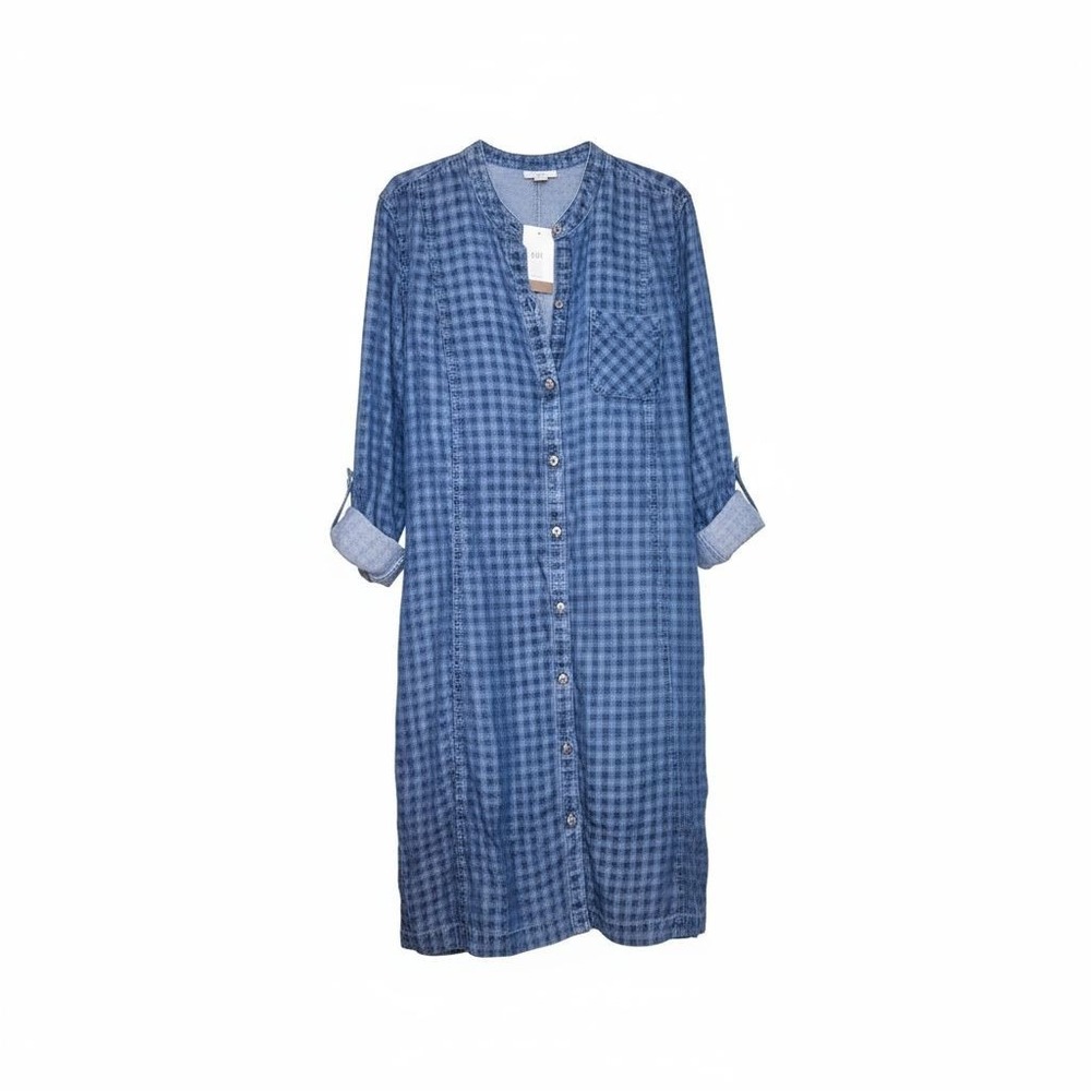 J.Jill Denim Button Bag Long Sleeve Plaid Shirt Dress Womens Medium Petite Blue